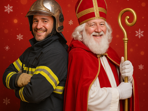 Un pompier souriant et un homme déguisé en saint se tiennent dos à dos, devant un fond rouge décoré de flocons de neige.