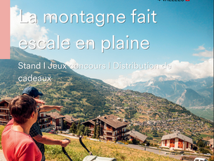 Affiche VEYSONNAZ 4 VALLÉES: deux adultes avec poussette sur un sentier, vue sur vallée alpine ensoleillée.