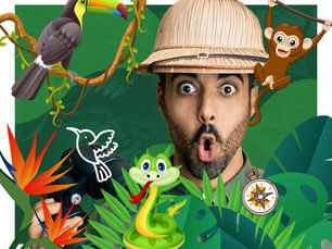 Homme en casque colonial surpris, entouré de jungle colorée avec toucan, singe, serpent et boussole. Couleurs vives et ambiance d'aventure.