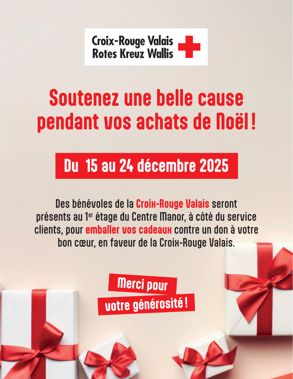 Affiche promotionnelle de la Croix-Rouge Valais pour un événement d'emballage de cadeaux de Noël avec fonds beige et rubans rouges.