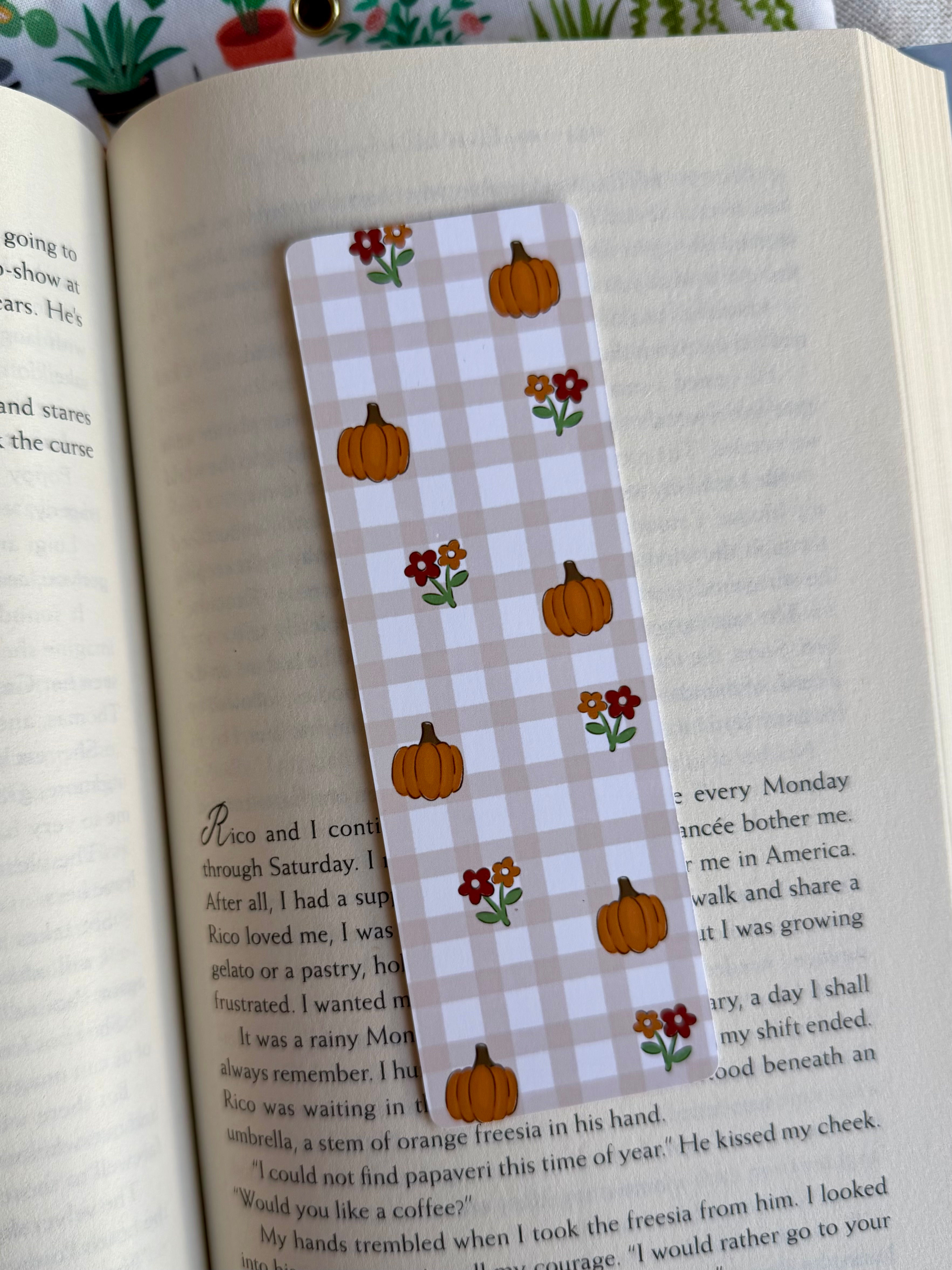plaid pumpkins and mums bookmark