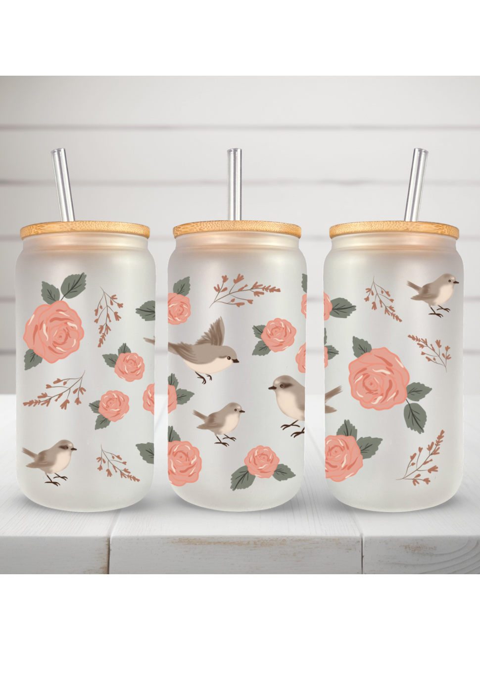 16oz frosted glass can - spring birds