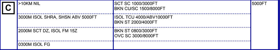 Area C forecast linking showers, drizzle and fog with their visibility and cloud conditions.