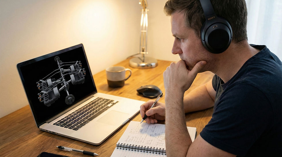 Man wearing headphones studies a pilot mechanical diagram on a laptop and takes notes at a wooden desk, looking focused.