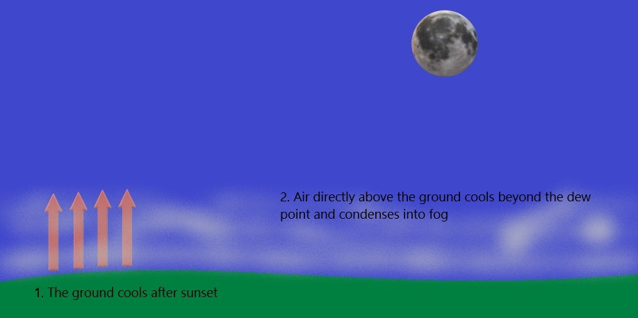 Radiation fog can form shortly after sunset.