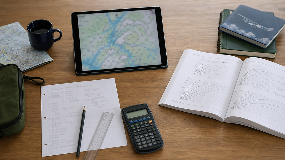 Weather briefing and aircraft performance-planning materials arranged on a study desk.