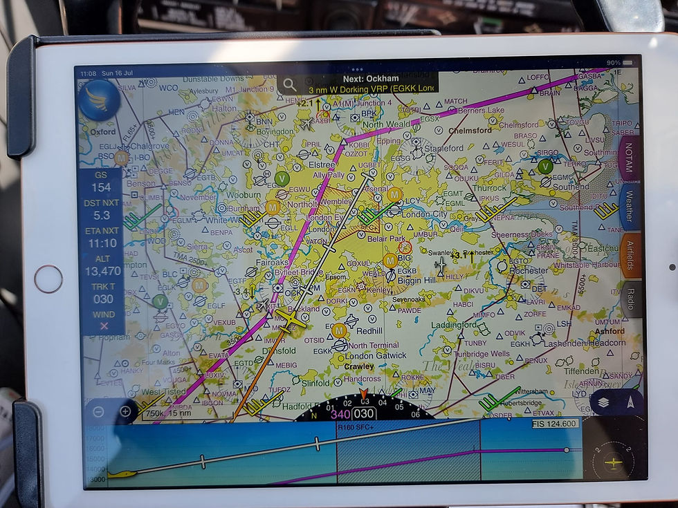 A tablet displays a moving map and nearby traffic for the pilot to interpret.