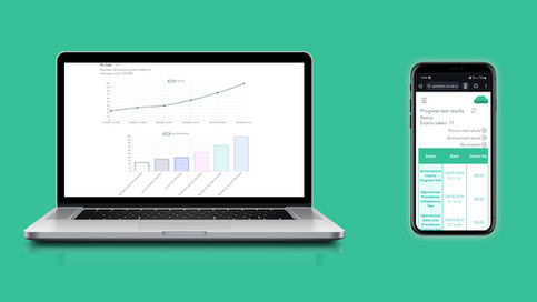 A laptop and a mobile device showing a student pilot's exam results in a chart and table.