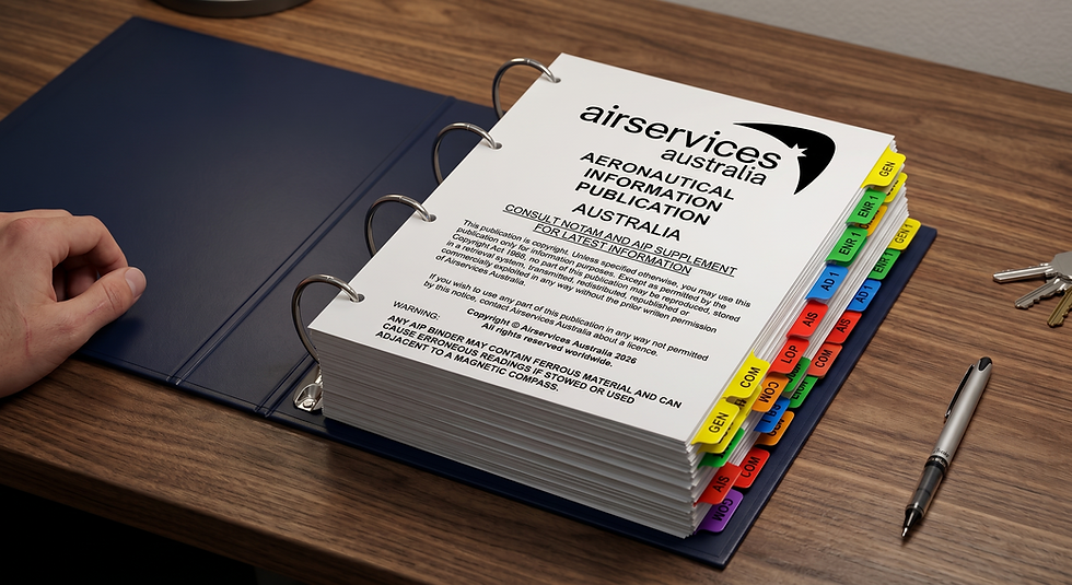 Ring binder of Airservices Australia aeronautical information publication on a wooden desk, with colorful tabs and a pen nearby