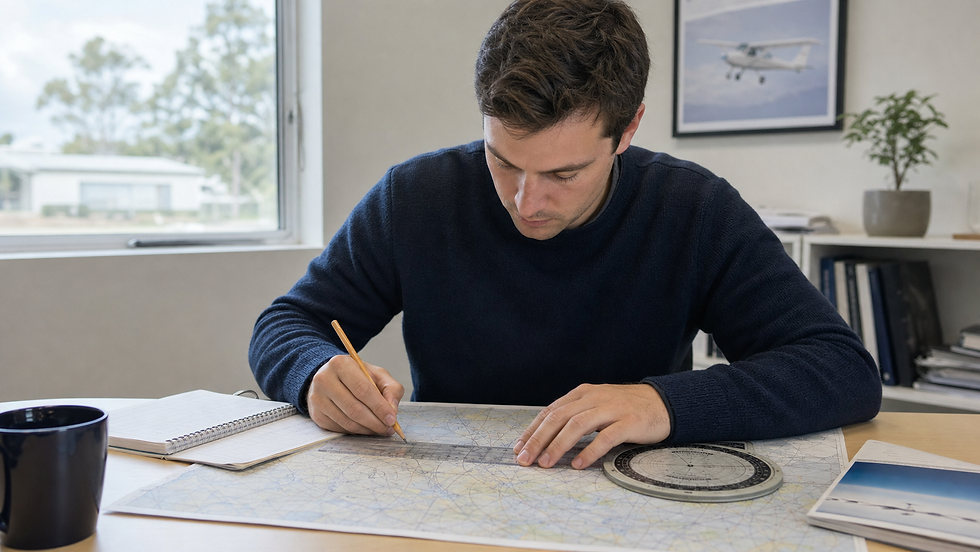 A student pilot works through a paper navigation exercise with a chart, ruler and circular flight computer.