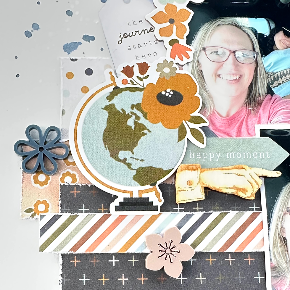 Travel scrapbook layout featuring Bramble Fox Perspextives, road trip photos, mixed media background, layered embellishments and travel-themed scrapbook supplies.