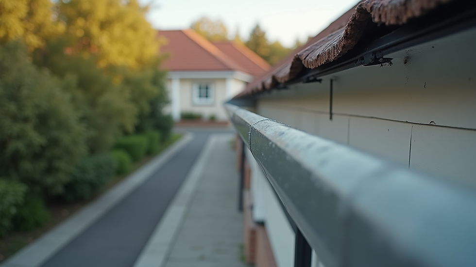 Eye-level view of a clean gutter system on a residential roof
