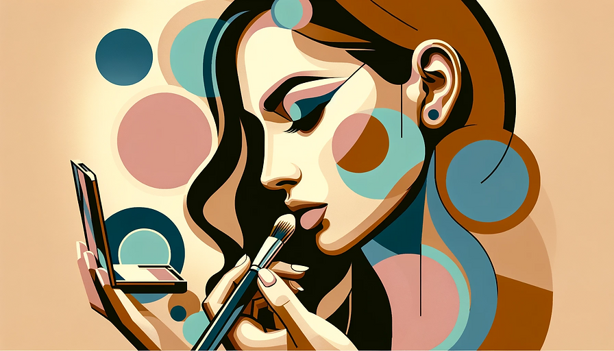 DALL·E 2023-11-11 17.05.31 - Create an abstract portrait of a woman applying makeup in a m