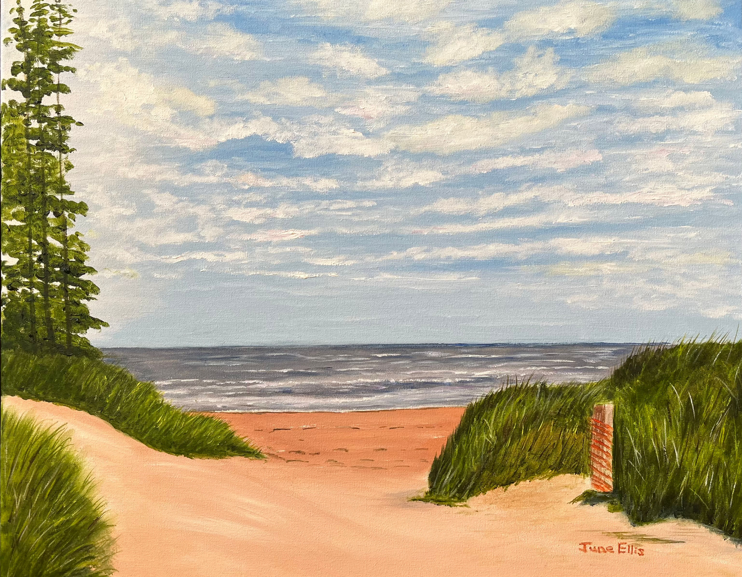 Framed Seascape oil painting of a PEI sandy beach escape with calm ocean waves by June Ellis