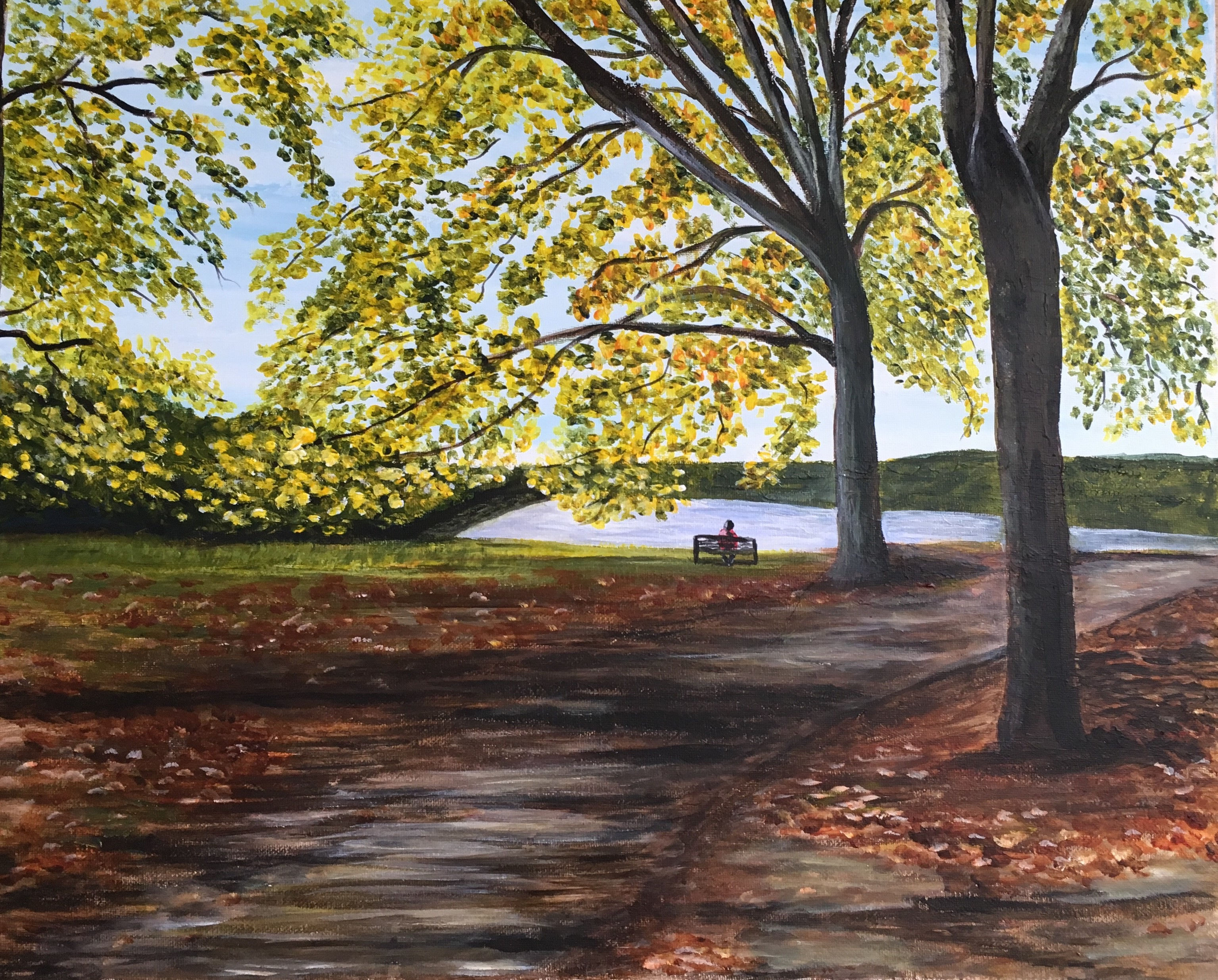 Tranquility in Beethoven is an original oil painting on 16x20 canvas shows the Bethovan park in Cologne Germany
