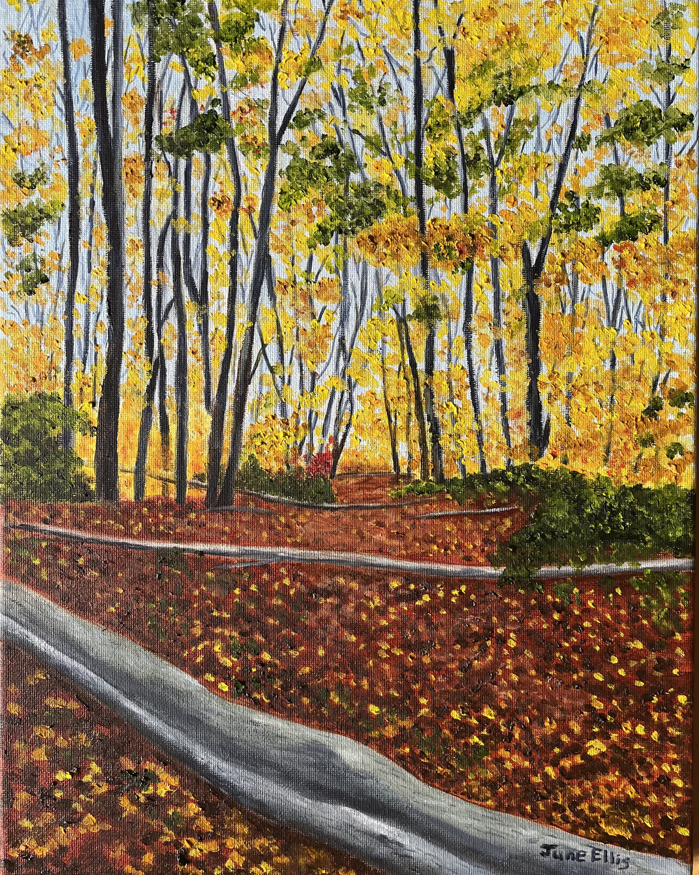 original oil painting of a fall scene with golden leaves PEI art by June Ellis