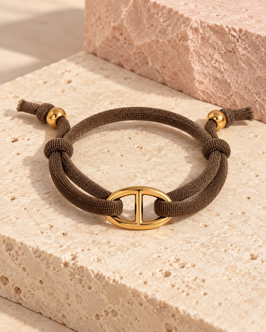 bracelet tissu ajustable femme Ondine marron et doré
