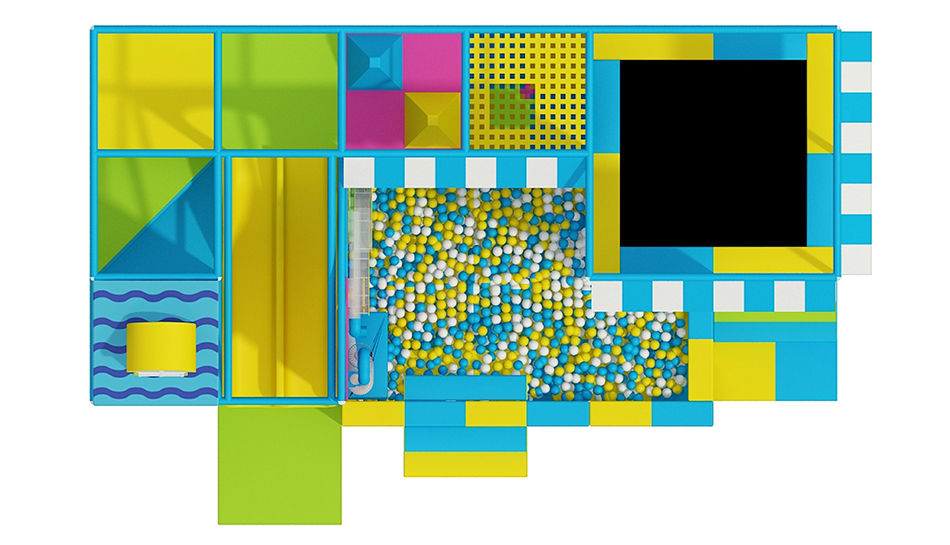 playground colori pastello, area giochi bambini design, struttura gioco tema negozio, playground con tappeto elastico, soft p