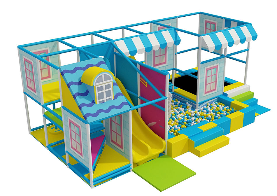 Miniatura: playground colori pastello, area giochi bambini design, struttura gioco tema negozio, playground con tappeto elastico, soft p