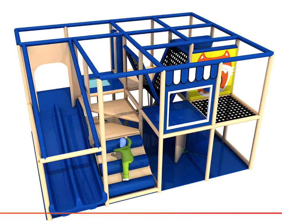 playground design elegante, area giochi colori neutri, struttura gioco blu e beige, soft play hotel 5 stelle, playground comp