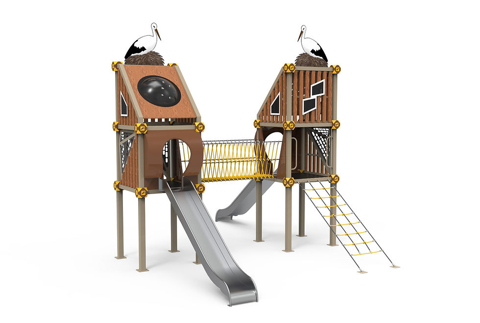 Struttura Gioco Doppia Torre con Ponte Sospeso, Scivoli in Acciaio e Arrampicata – Linea Naturale