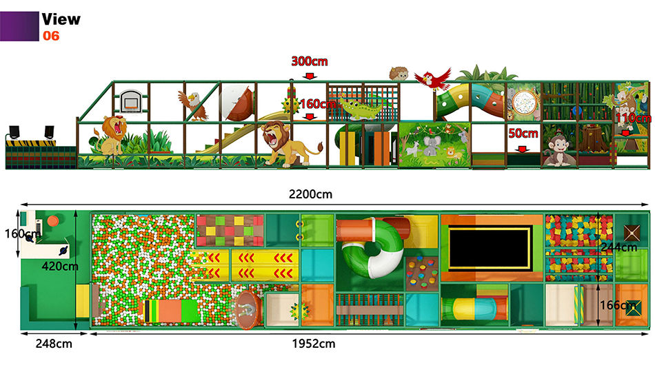 playground forma rettangolare, struttura gioco stretta e lunga, area giochi corridoio centro commerciale, soft play lineare,