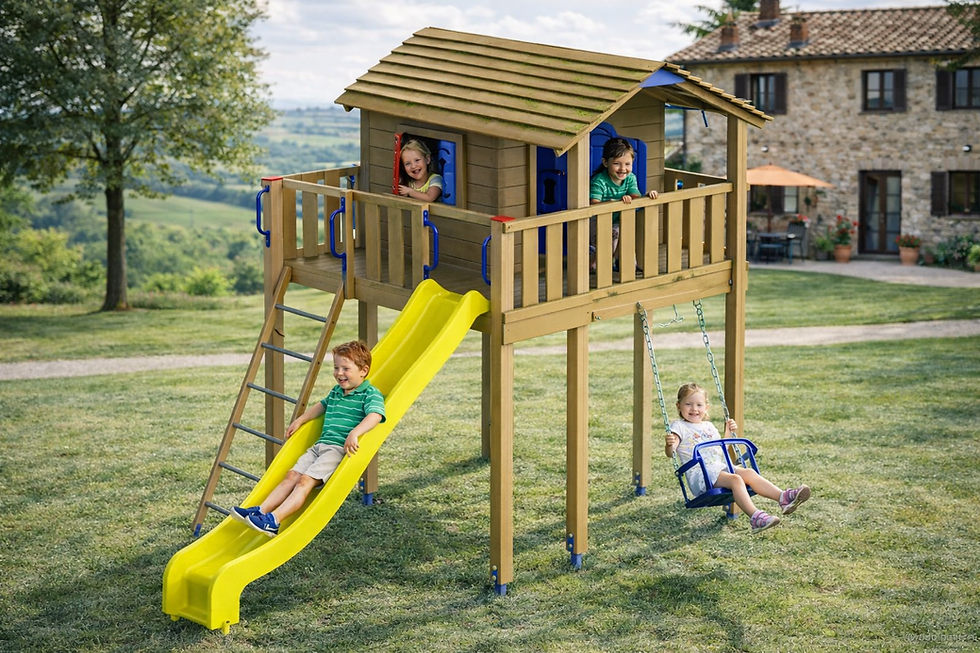 Casetta Gioco Sopraelevata in Legno con Scivolo e Terrazza Protetta
