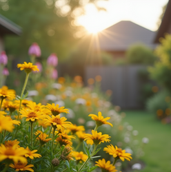 beautiful garden with yellow flowers and shrubs