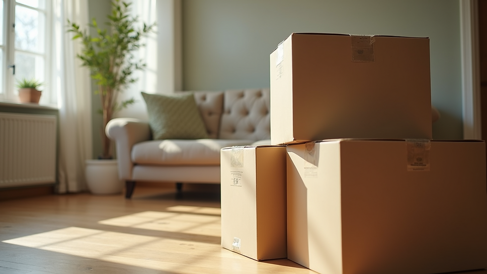 Close-up view of moving boxes stacked neatly in a Pinehurst living room