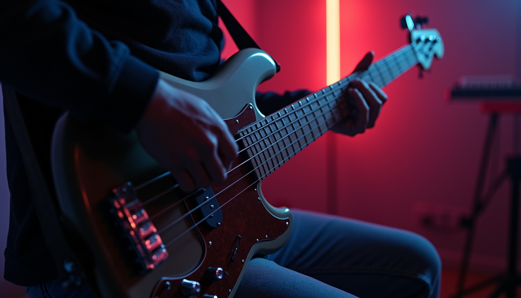 Eye-level view of a guitar and bass surrounded by soft synth lights