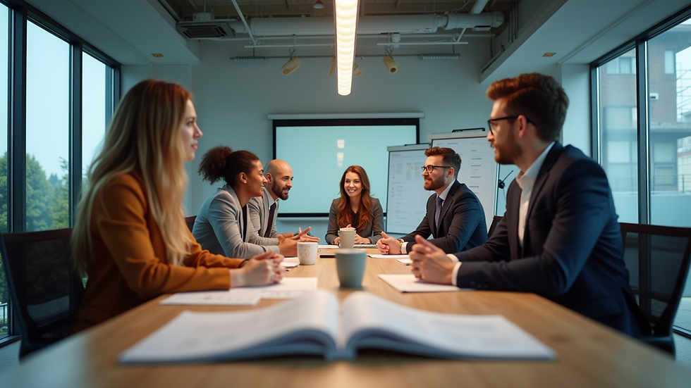 Eye-level view of a diverse team brainstorming in a modern office space