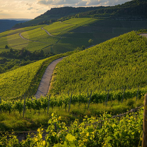 A stunning view of green vineyards stretching across rolling hills at sunset, with a winding path weaving through the lush landscape in South Tyrol.