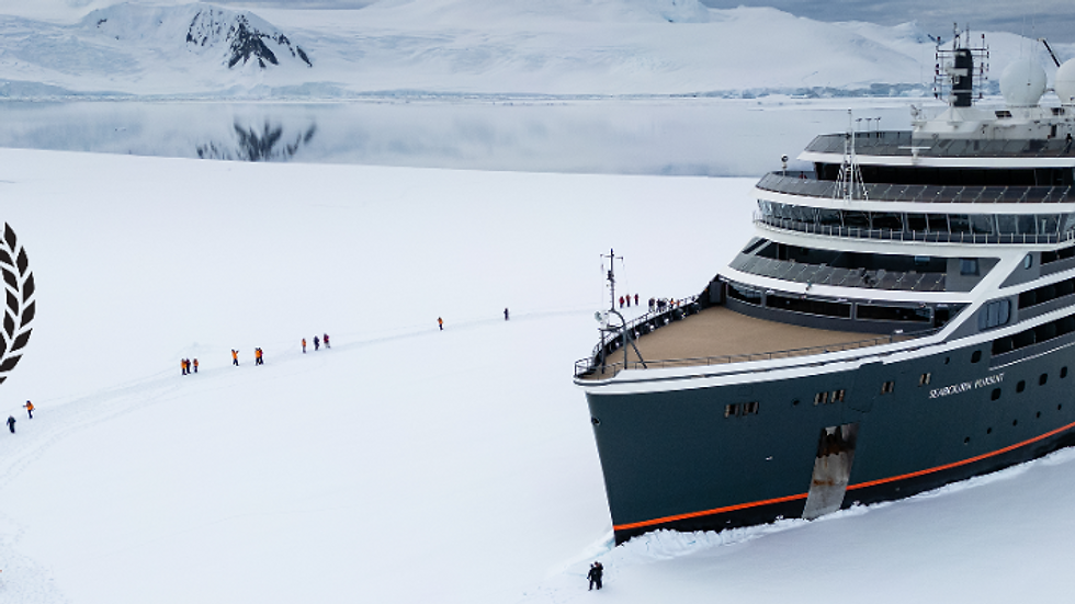 Seabourn Pursuit expedition cruise ship exploring icy waters in Antarctica, 2025 journey