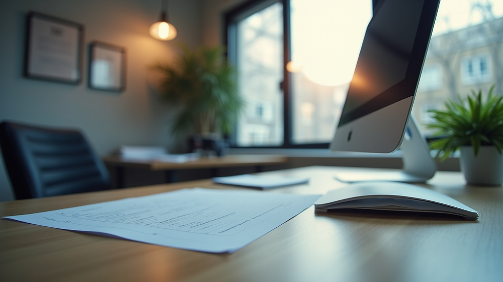 Vue en plongée d’un bureau avec ordinateur et documents de conformité
