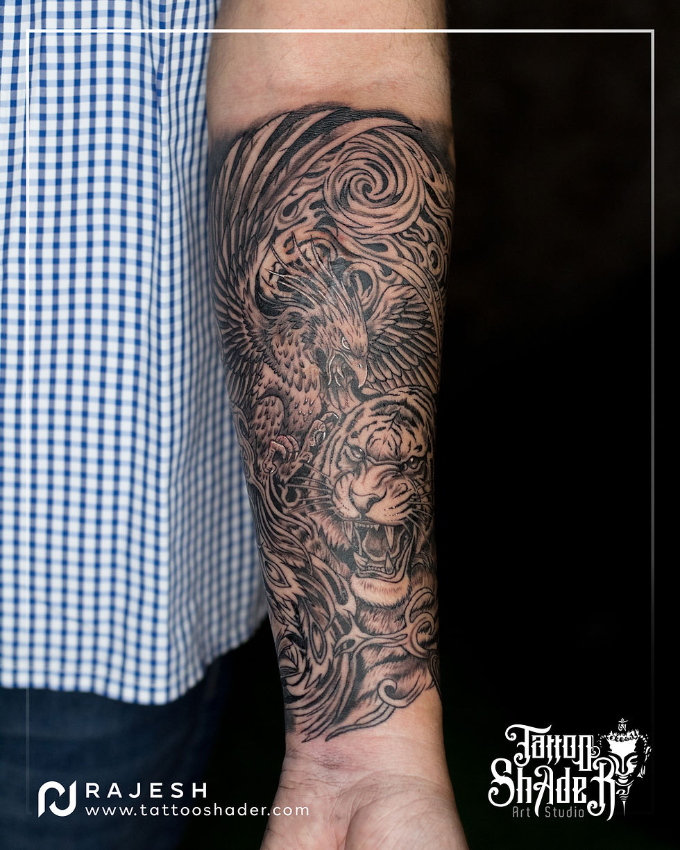 The Rise of Power & Purpose – Forearm Masterpiece A black and grey realism sleeve represe