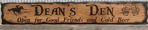 Custom engraved timber shed sign, Dean's Den, with horse racing and beer mug design