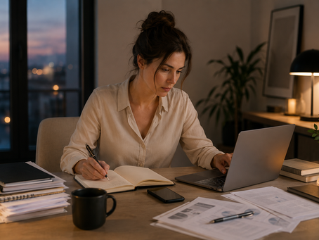 Woman working alone at her desk with a laptop, notebook and paperwork.