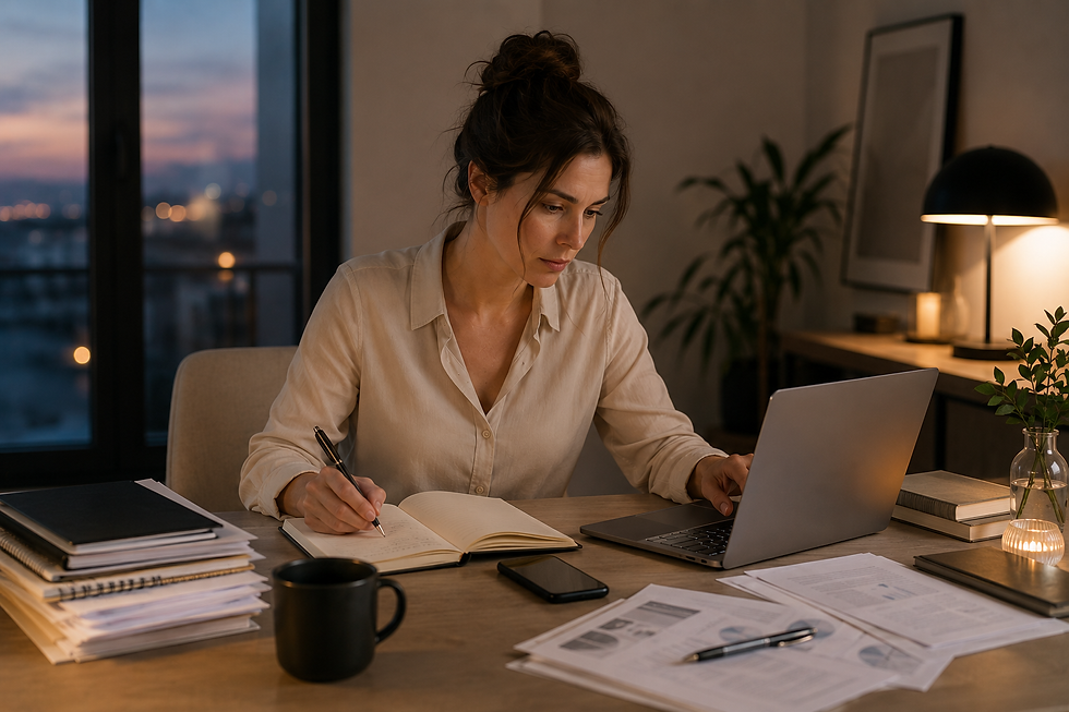 Woman working alone at her desk with a laptop, notebook and paperwork.