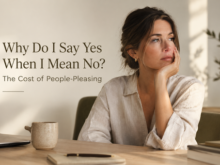 Woman reflecting on people-pleasing and difficulty saying no