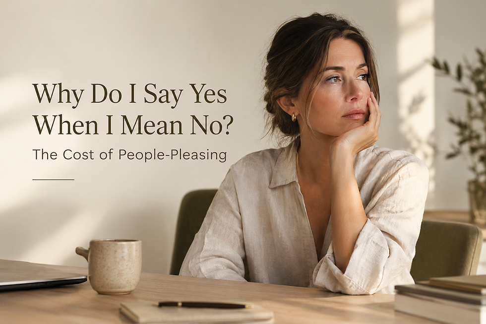 Woman reflecting on people-pleasing and difficulty saying no