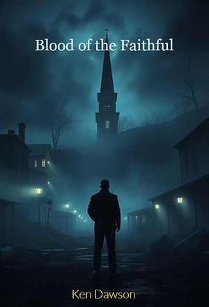 A dark atmospheric horror-thriller book cover. A lone man stands in the foreground holding