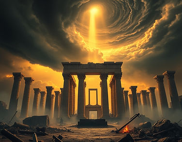 A colossal ruined Egyptian temple beneath a swirling black storm at sunrise. Ancient colum