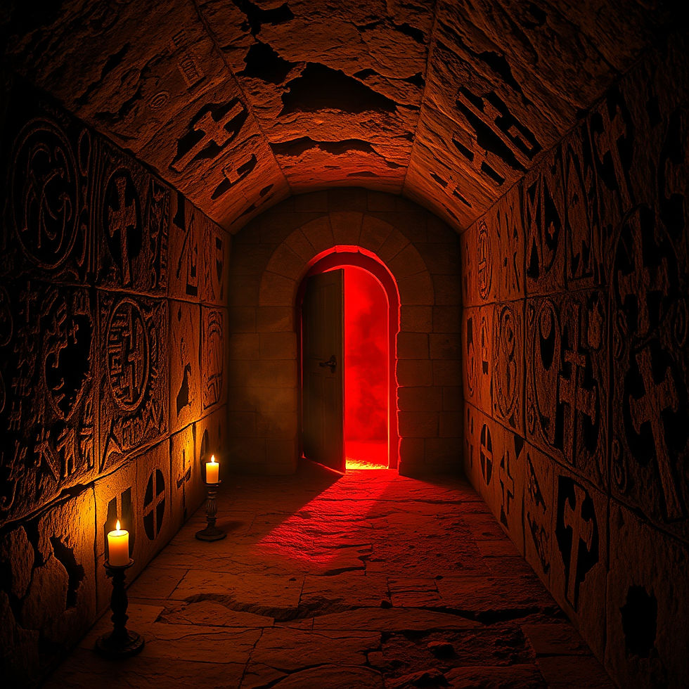 A gothic underground catacomb beneath an ancient crusader fortress in Malta. Candlelight i