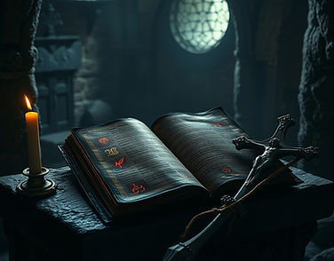 A dark cinematic gothic picture. An ancient leather-bound manuscript lies open on a stone 