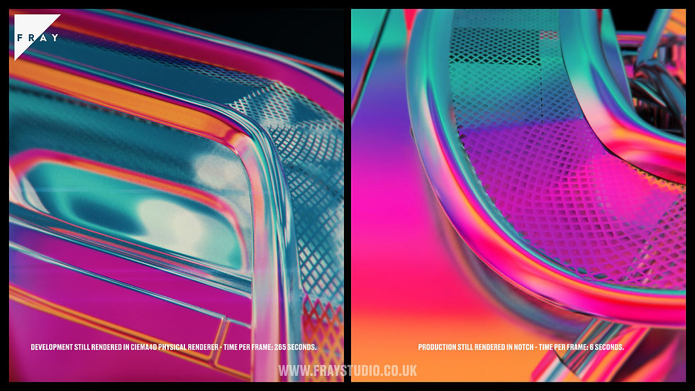Development still rendered using Cinema4D Physical Render, each frame took on average 265 seconds to render. Right - Refined production still rendered using Notch.