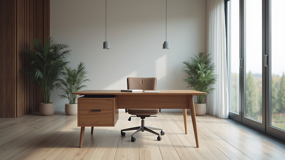Eye-level view of a modern refurbished office desk and chair set