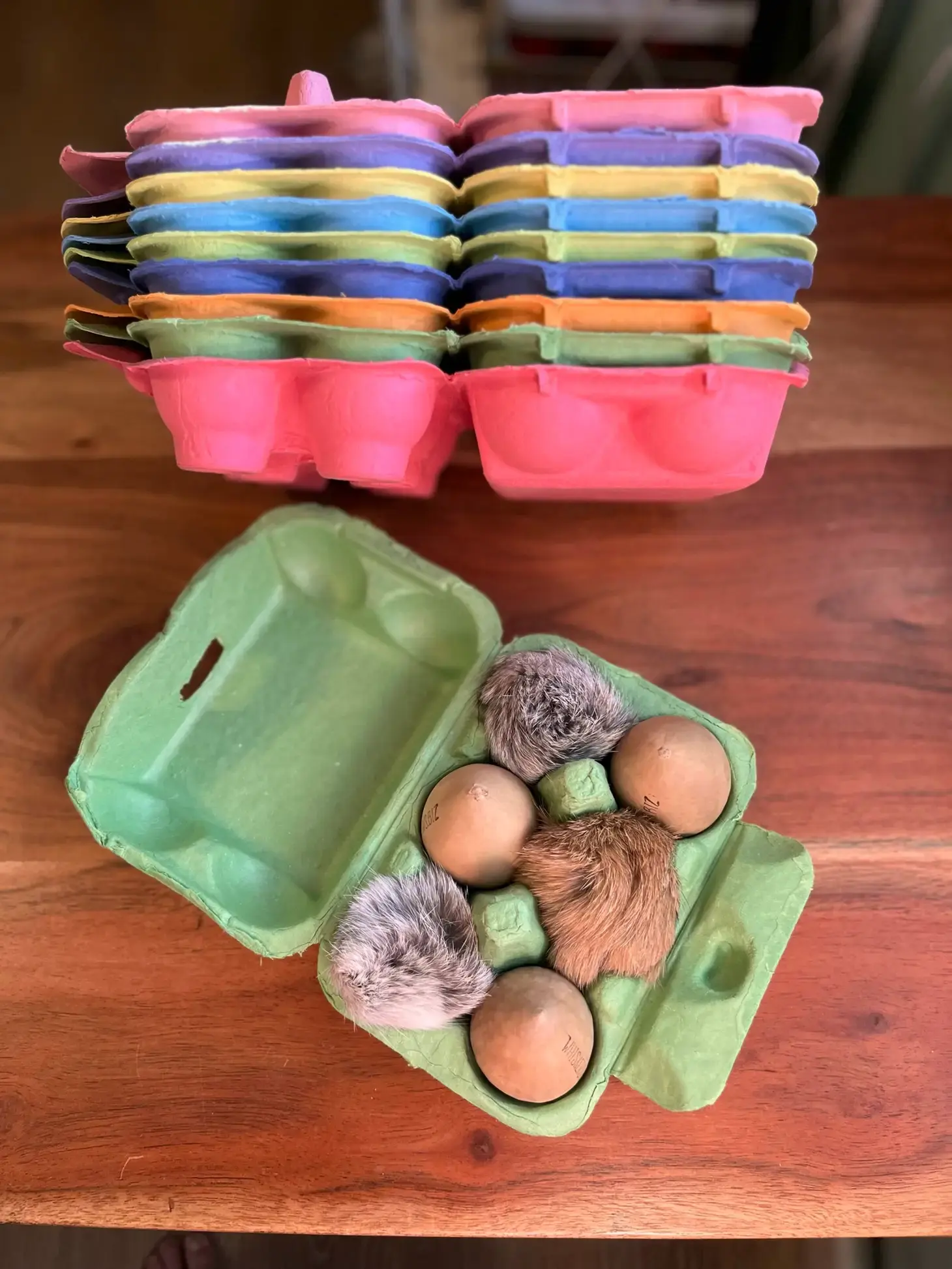 Egg Carton, Rabbit Fur Balls and Egg Shaped Gourds