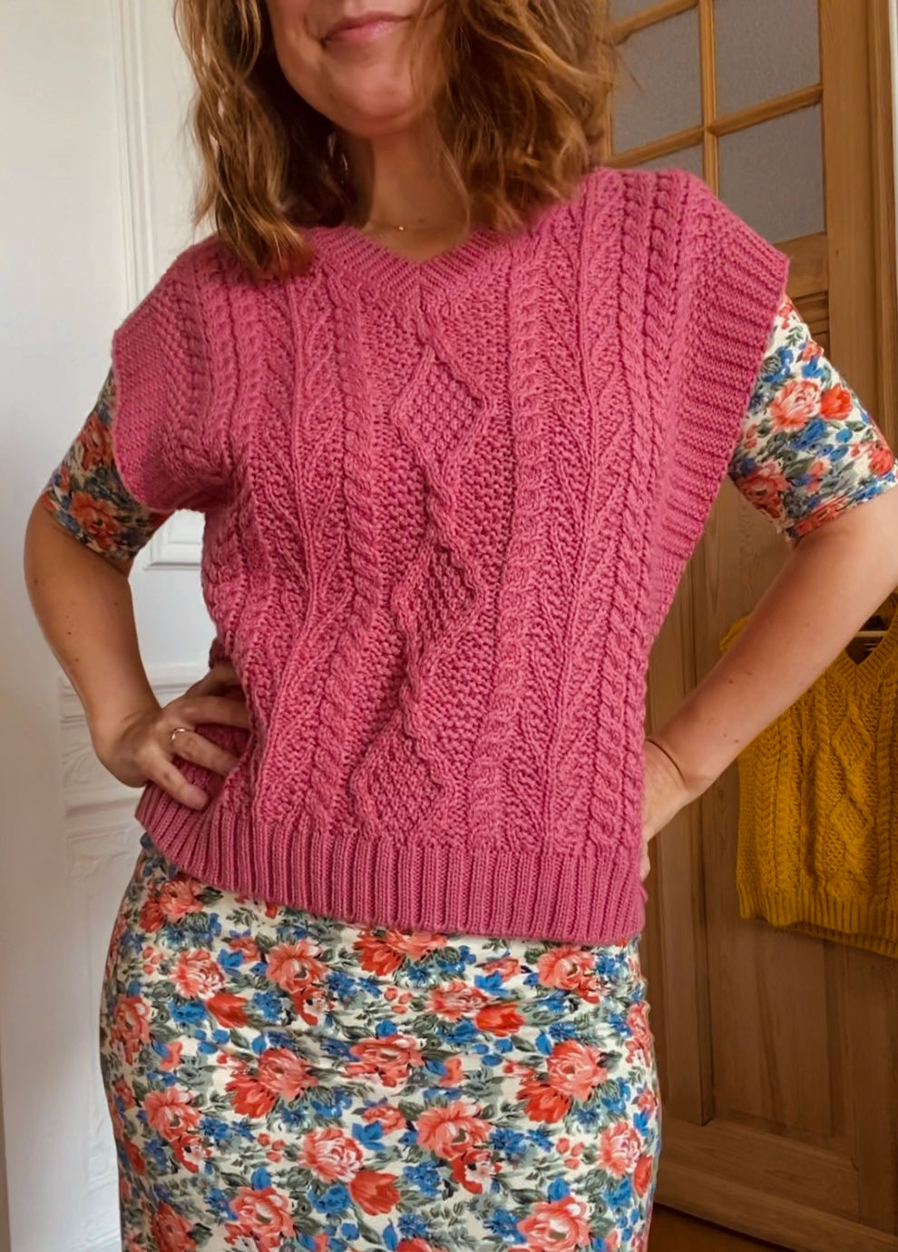 Pull sans manches Bea - motifs nids d'abeille - 100 % mérinos - Rose blush