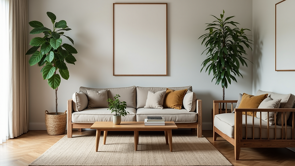 Eye-level view of a living room featuring reclaimed wood furniture and green plants