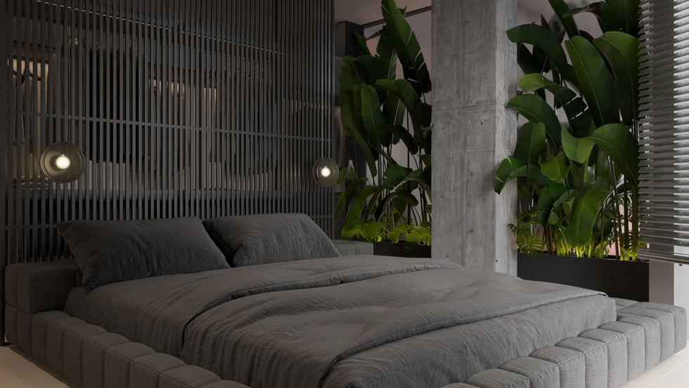 Elegant modern bedroom with gray bed, plants, and concrete pillar. IA 021